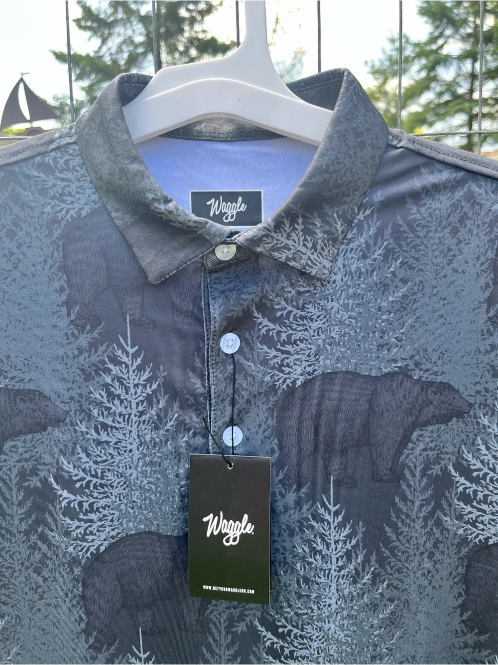 Waggle Ursa Major Polo Shirt Mens Medium Black Bear Print Golf Performance NWT - Picture 2 of 5